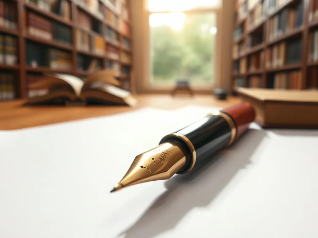 Eleganckie pióro wieczne na czystej kartce papieru w bibliotece, podkreślające staranność w pisaniu i poprawność językową.