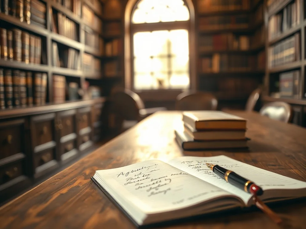 Stare pióro wieczne i otwarty notatnik z odręcznym pismem na tle biblioteki, podkreślające atmosferę pracy z językiem.