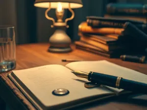 Osoba siedząca przy biurku z piórem wiecznym, zastanawiająca się nad zapisaniem czystej kartki papieru w przytulnej bibliotece.