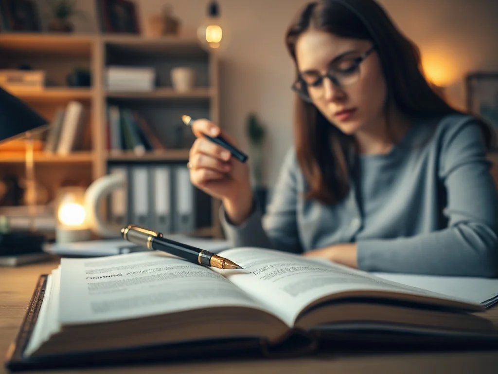 Kobieta skupiona na notatkach gramatycznych w przytulnym biurze, przygotowująca się do nauki zasad pisowni.
