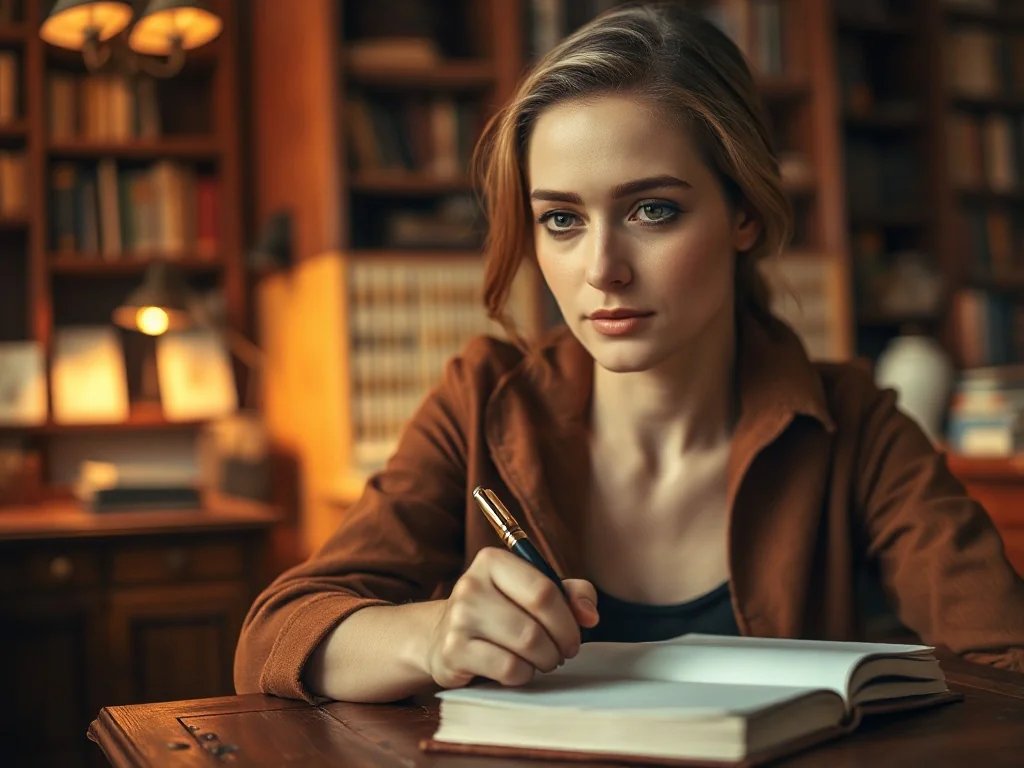 Kobieta z piórem w dłoni zamyślona nad pustym notatnikiem w przytulnej bibliotece, co podkreśla proces twórczego pisania.
