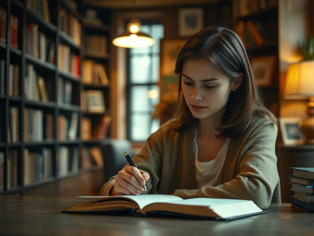 Kobieta zamyślona nad notatnikiem przy biurku w bibliotece, szukająca właściwego słowa podczas pisania.