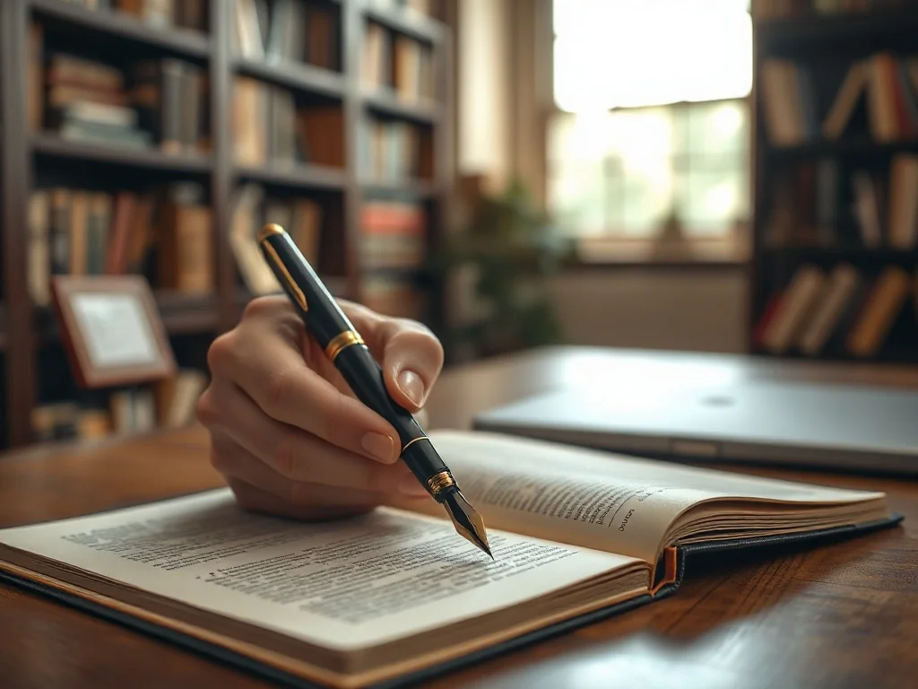 Eleganckie pióro wieczne nad otwartym notatnikiem w przytulnej bibliotece, symbolizujące proces pisania i dbałość o język.